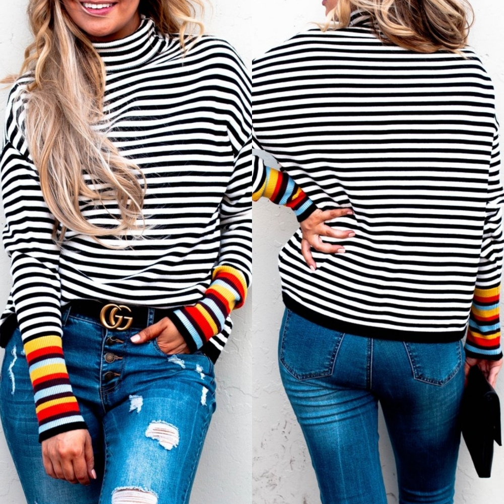 LAST 1! Striped turtleneck sweater rainbow sleeves - Picture 3 of 7